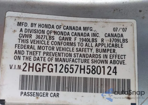 2007 Honda Civic Lx z USA, uszkodzony, nr VIN 2HGFG12657H580124